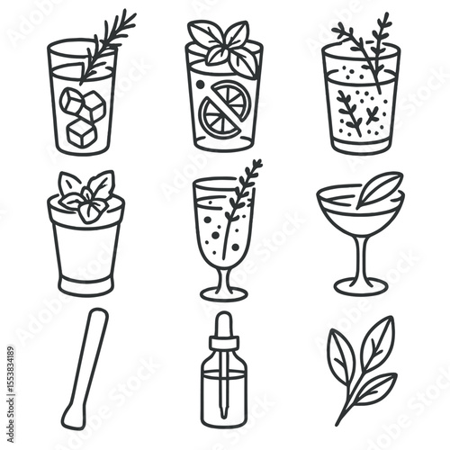 Herb-Infused Cocktails Icons. Outline style icons of Herb-Infused Cocktails: rosemary sprig drink, basil mojito, thyme tonic, mint