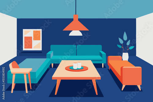 A modern living room interior with a fireplace, comfortable chairs, and a sleek wooden table defines this home design
