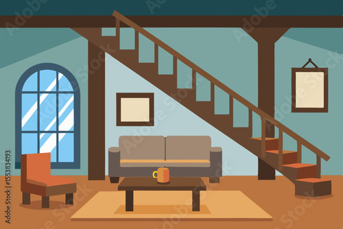 Modern living room interior in a house with wooden furniture, a staircase, and a large window, featuring contemporary design and ample natural light