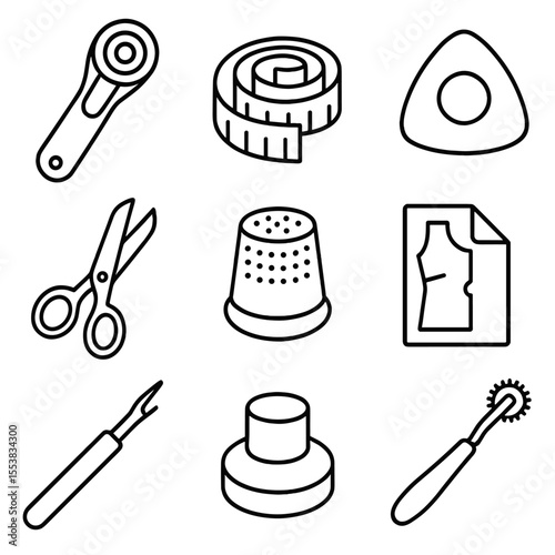 Craft Tools Icons. Outline style icons of Textile Tools for Crafters: rotary cutter, measuring tape, tailor’s chalk, fabric