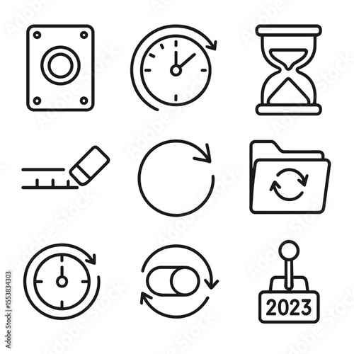 Temporal Reset Icons. Outline style icons of Temporal Reset Mechanisms: reset switch, rewind clock hand, power cycle hourglass,