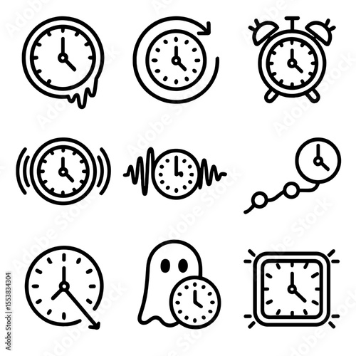 Disrupted Time Icons. Outline style icons of Disrupted Time Signals: frozen clock signal, out-of-sync arrow icon, blinking alarm