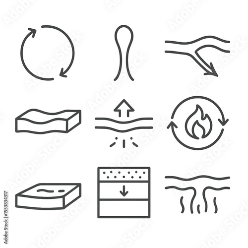 Earth's Layer Dynamics Icons. Outline style icons of Mantle and Crust Dynamics: convection current arrows, mantle plume rise,