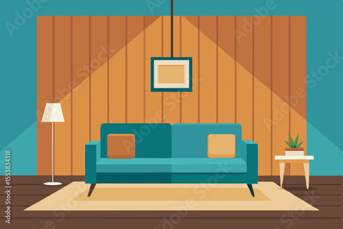Modern living room interior with a contemporary sofa, stylish furniture, and a lamp creating a luxurious home design