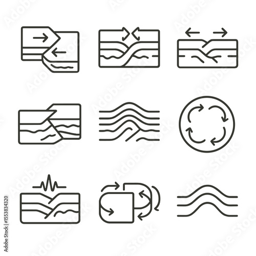 Tectonic Movements Icons. Outline style icons of Plate Tectonic Movement: sliding plates, colliding plates, separating crust,