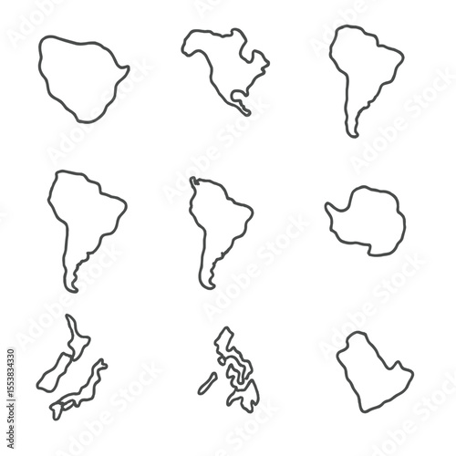 Tectonic Plates Icons. Outline style icons of Major Tectonic Plates: Pacific Plate, Eurasian Plate, African Plate, North American