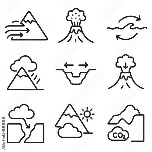 Tectonic Climate Icons. Outline style icons of Tectonics and Climate: uplift affecting wind pattern, volcano emitting aerosols,