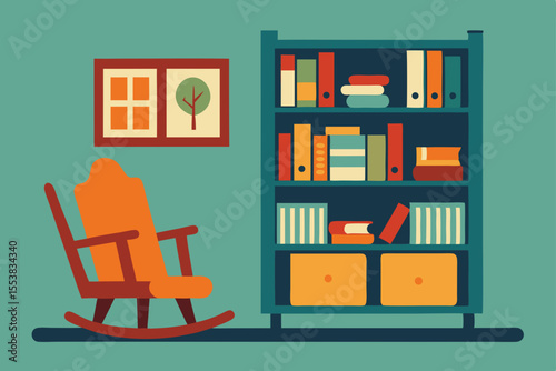 Vector illustration of a living room interior with home furniture, bookshelf, and desk