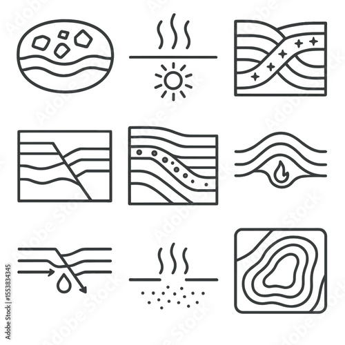 Tectonic Resource Icons. Outline style icons of Tectonics and Resource Locations: mineral zone overlay, geothermal heat icon,