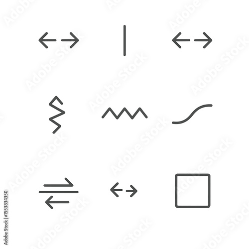 Tectonic Map Symbols. Outline style icons of Tectonic Map Symbols: convergent arrow, transform line, divergent arrows, fault