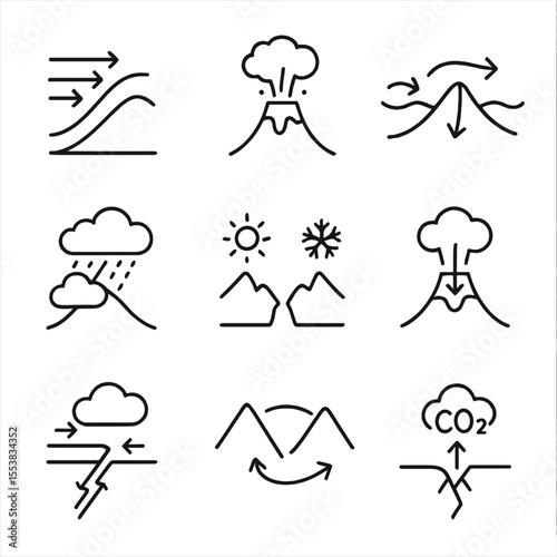 Tectonic Climate Icons. Outline style icons of Tectonics and Climate: uplift affecting wind pattern, volcano emitting aerosols,