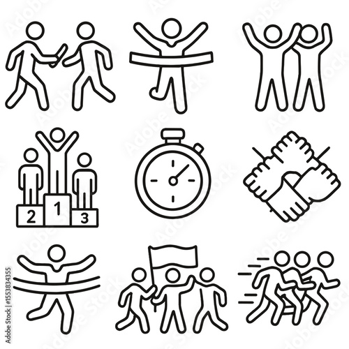 Team Relay Icons. Outline style icons of Team Relay Win: baton pass icon, finish line moment, runners cheering, medal podium with