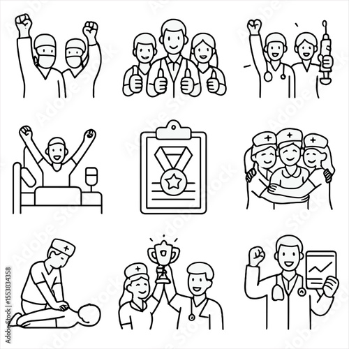 Medical Team Success Icons. Outline style icons of Medical Team Success: surgeons cheering, health team thumbs up, vaccine team
