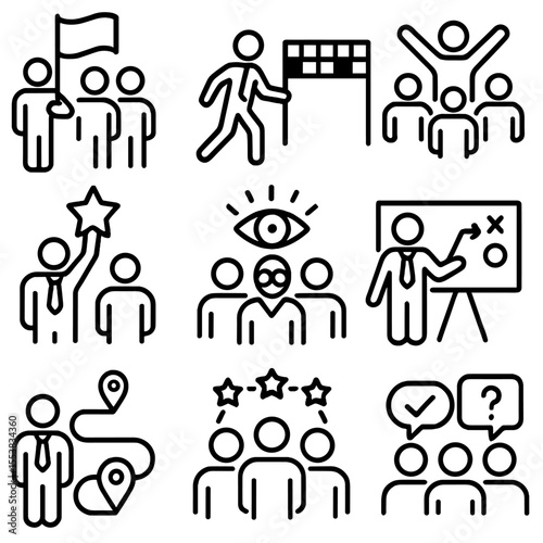 Team Leadership Icons. Outline style icons of Team Leadership and Victory: team following leader with flag, guidance to finish