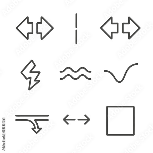 Tectonic Map Symbols. Outline style icons of Tectonic Map Symbols: convergent arrow, transform line, divergent arrows, fault
