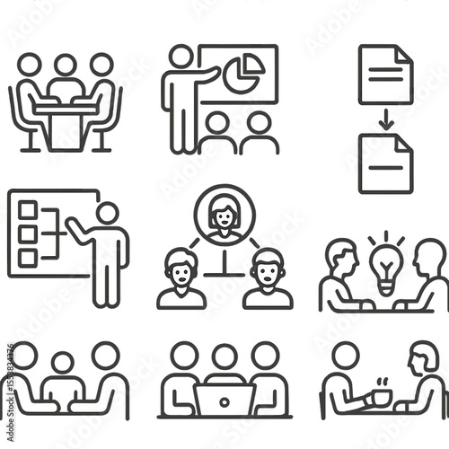 Office Teamwork Icons. Outline style icons of Office Teamwork: coworking at table, office group presentation, file sharing icon,