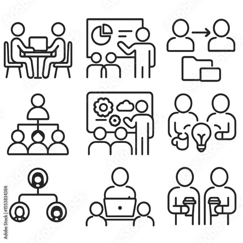 Office Teamwork Icons. Outline style icons of Office Teamwork: coworking at table, office group presentation, file sharing icon,