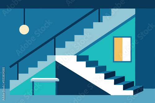 Architectural design of a 3D stairway to the sky, a concept of light-filled steps to business success and achievement