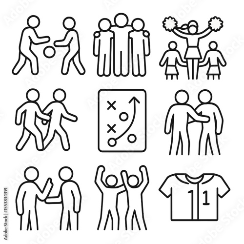 Teamwork Icon Collection. Outline style icons of Sports Teamwork: passing the ball, group huddle, cheer team, synchronized