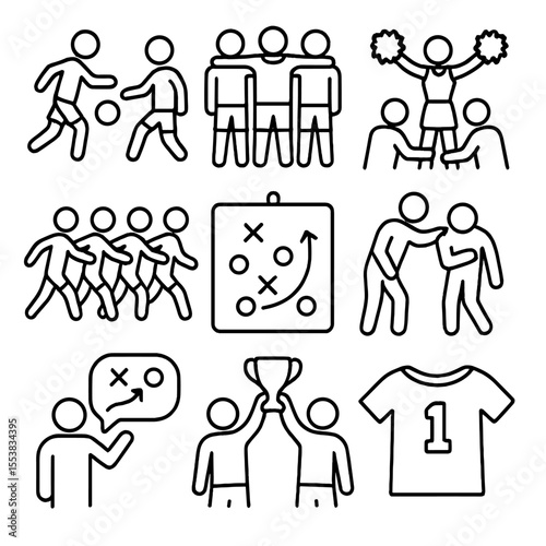 Teamwork Icon Collection. Outline style icons of Sports Teamwork: passing the ball, group huddle, cheer team, synchronized