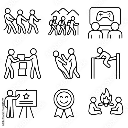 Team Building Icons. Outline style icons of Team Building Activities: team rope pull, group hike, game session, building block