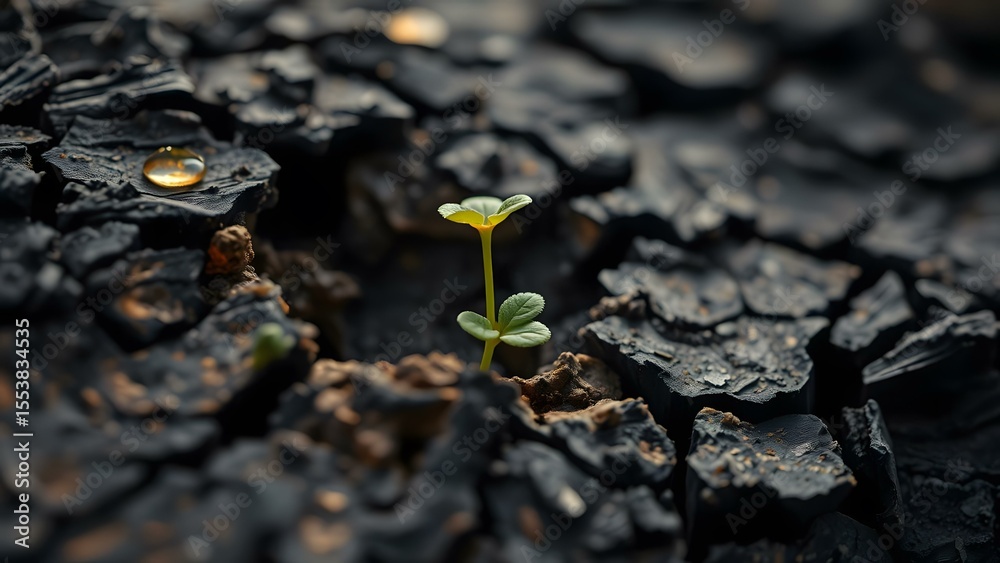 A resilient green sprout emerges from the charred soil, symbolizing hope and renewal after adversity. A resilient green sprout emerges from the charred soil, symbolizing hope and renewal after adversity.