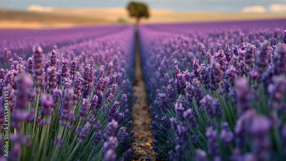 Obraz premium Experience a stunning lavender field in full bloom, showcasing vibrant colors and serene natural beauty.