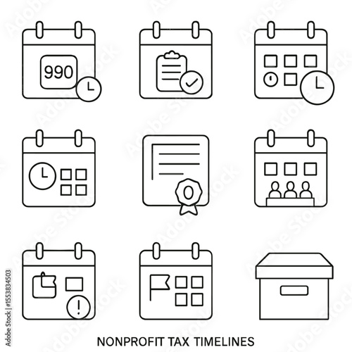 Nonprofit Tax Icons. Outline style icons of Nonprofit Tax Timelines: form 990 calendar, donor report schedule, fundraising