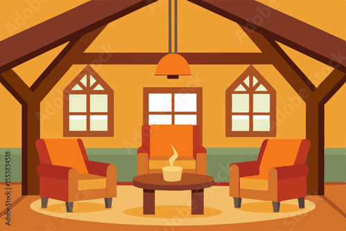 Illustrative interior of a luxurious living room in a house, featuring a wooden chair and table by a sunlit window, with nobody present