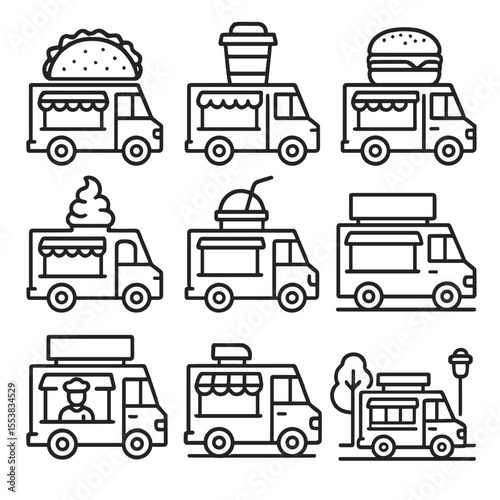 Food Truck Icons. Outline style icons of Food Trucks: taco truck, coffee truck, burger van, dessert food truck, smoothie truck,