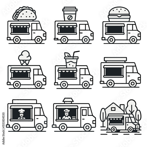 Food Truck Icons. Outline style icons of Food Trucks: taco truck, coffee truck, burger van, dessert food truck, smoothie truck,
