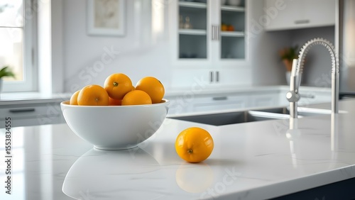 Bright oranges in a white bowl on a sleek kitchen countertop, showcasing a fresh and modern kitchen lifestyle.