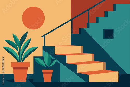 Abstract 3D illustration of a carpeted stairway to the sky, a concept of steps to business success and career growth
