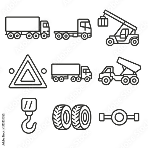 Heavy-Duty Truck Icons. Outline style icons of Heavy-Duty Trucks: 18-wheeler, multi-axle truck, container stacker truck, oversized