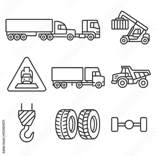 Heavy-Duty Truck Icons. Outline style icons of Heavy-Duty Trucks: 18-wheeler, multi-axle truck, container stacker truck, oversized