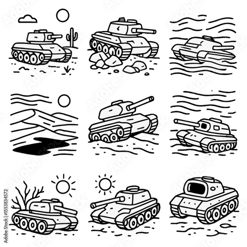 Deserted Tank Outline. Outline style icons of Deserted Tank Locations: tank in dry desert, rocks and sand under treads, cracked