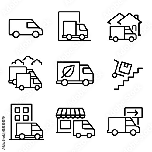 Urban Delivery Icons. Outline style icons of Urban Delivery Trucks: small-scale delivery van, alley parking truck, residential