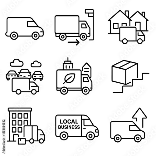 Urban Delivery Icons. Outline style icons of Urban Delivery Trucks: small-scale delivery van, alley parking truck, residential