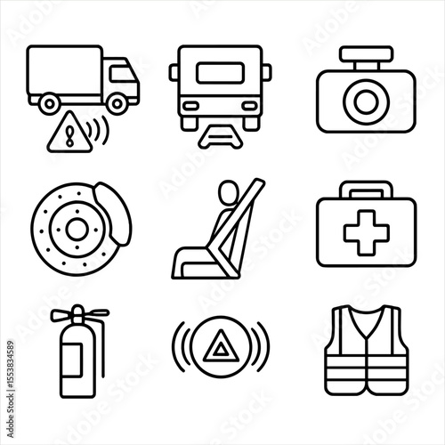 Truck Safety Icons. Outline style icons of Truck Safety Features: blind spot warning, rear camera, dashcam icon, air brake icon,