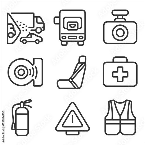 Truck Safety Icons. Outline style icons of Truck Safety Features: blind spot warning, rear camera, dashcam icon, air brake icon,