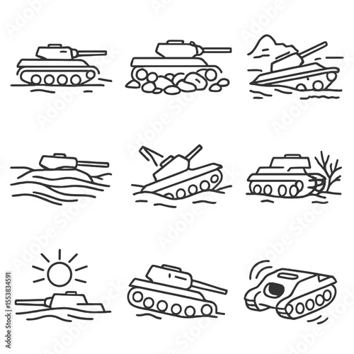 Deserted Tank Outline. Outline style icons of Deserted Tank Locations: tank in dry desert, rocks and sand under treads, cracked