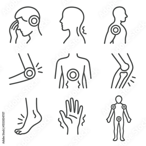 Pain Location Icons. Outline style icons of Pain Location Symptoms: head pain dot, neck stiffness icon, shoulder ache, elbow