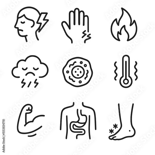 Autoimmune Symptoms Icons. Outline style icons of Autoimmune Symptoms: fatigue lightning, joint pain icon, inflammation spark,