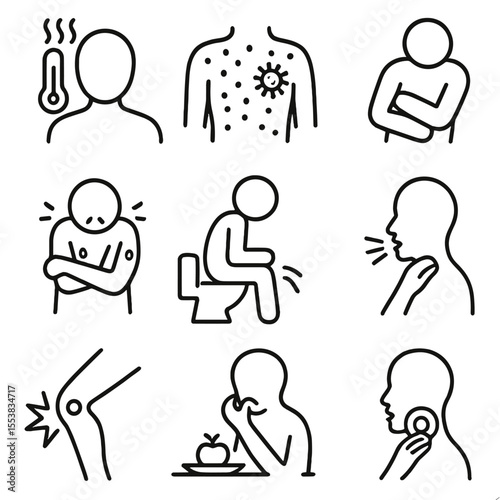 Infectious Symptoms Icons. Outline style icons of Infectious Disease Symptoms: fever icon, rash with virus, body ache, chills and