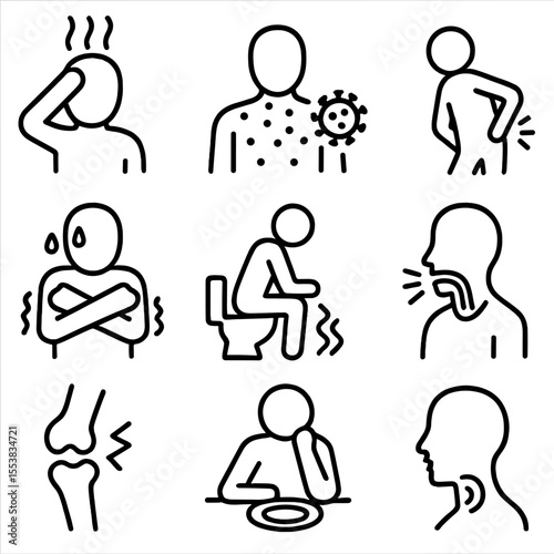 Infectious Symptoms Icons. Outline style icons of Infectious Disease Symptoms: fever icon, rash with virus, body ache, chills and