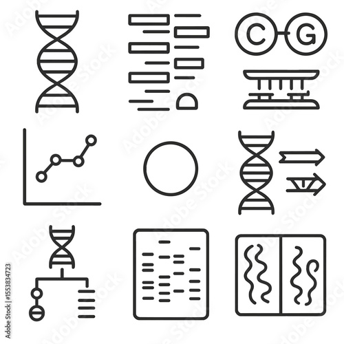 Molecular Systematics Icons. Outline style icons of Molecular Systematics: double helix strand, sequence alignment bars, base pair