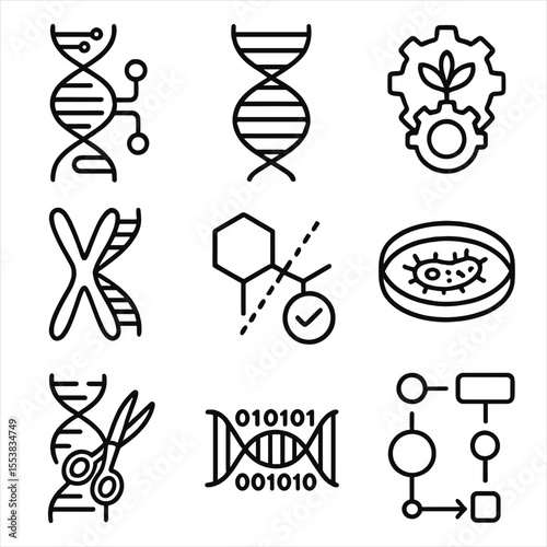 Synthetic Biology Icons. Outline style icons of Synthetic Biology Concepts: DNA helix circuit, synthetic gene strand,