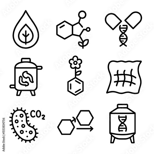Industrial Application Icons. Outline style icons of Industrial Applications: biofuel drop, biodegradable plastic molecule,