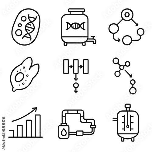 Microbial Factory Icons. Outline style icons of Microbial Factories: bioengineered microbe, fermentation tank with DNA, synthetic