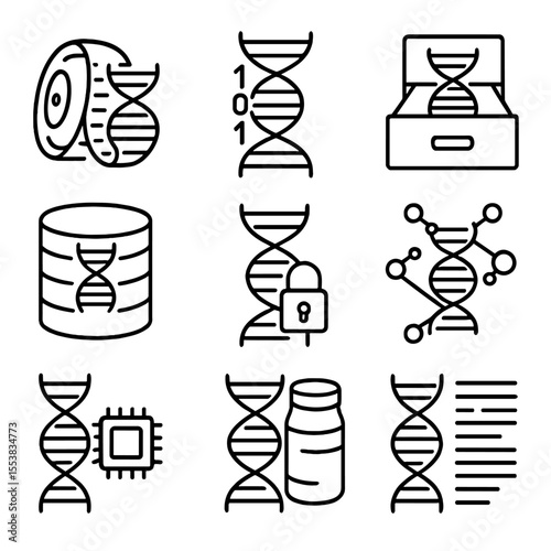 DNA Storage Icons. Outline style icons of DNA Data Storage: spiral data tape, binary on DNA helix, synthetic archive icon,
